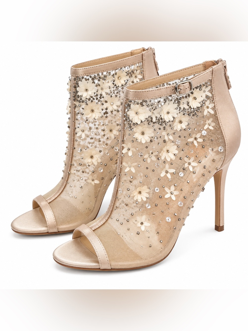 Badgley Mischka Cream Floral Mesh Peep-Toe Ankle Heels 6.5